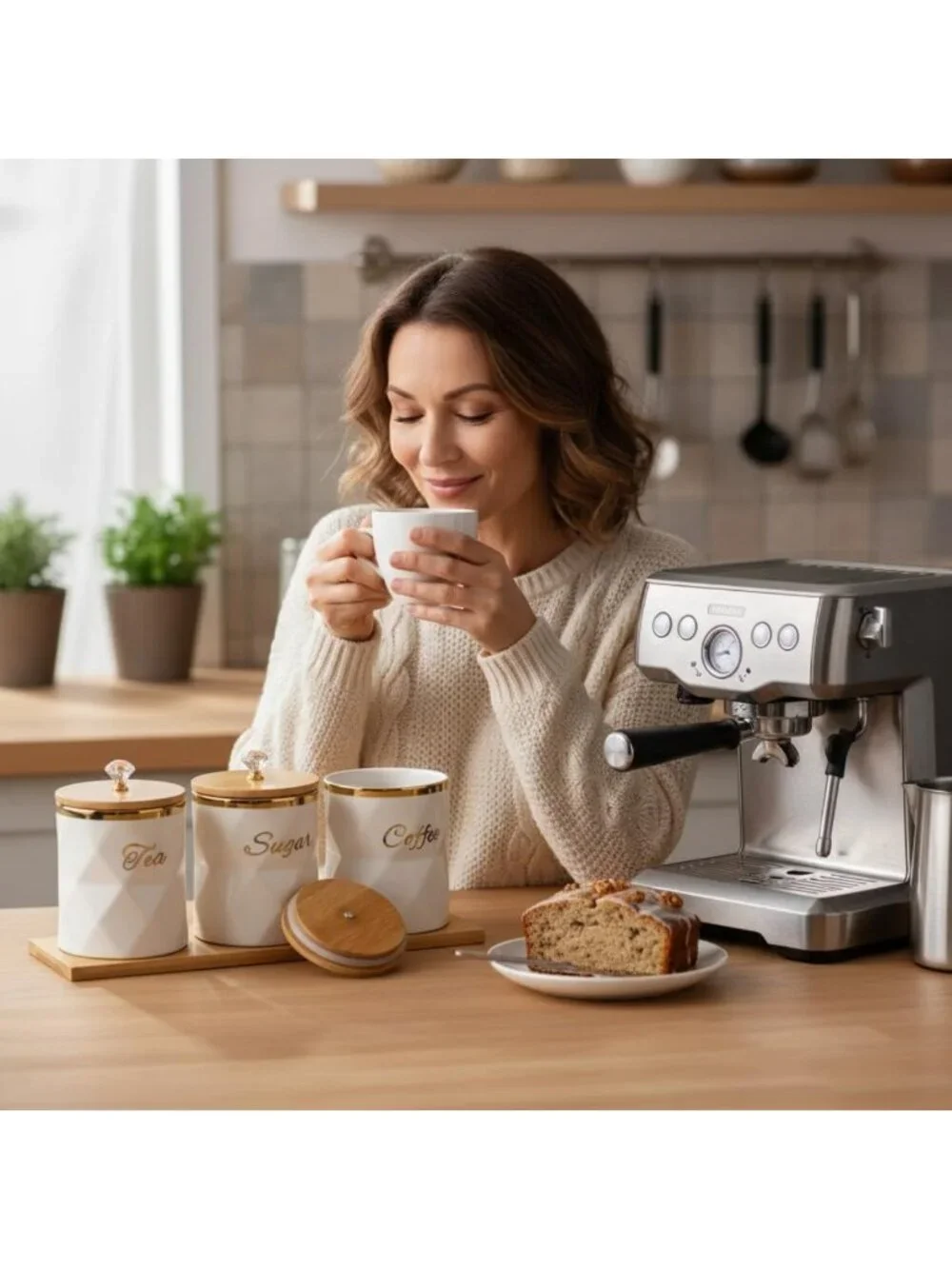 Set of 3 White Ceramic Canisters with Bamboo Lids - Airtight Storage for Coffee
